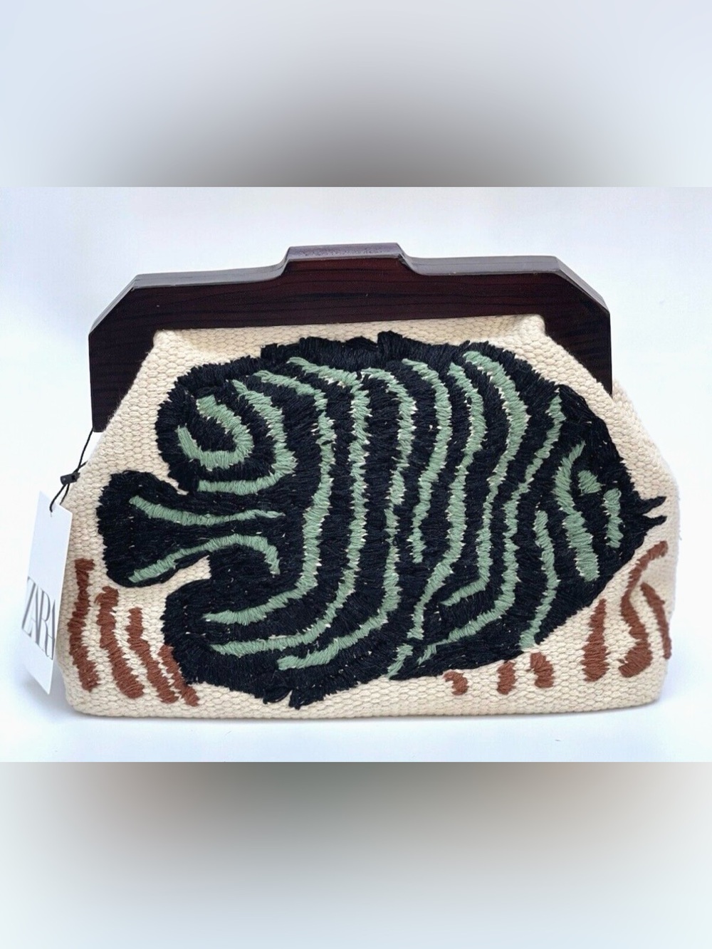 ZARA Beige Clutch with Green and Black Embroidered Fish